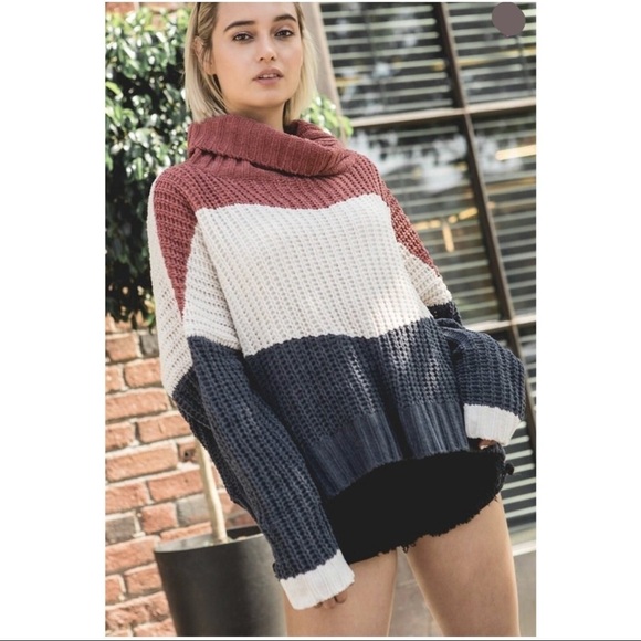 POL clothing size L Sweater soft cozy turtleneck colorblock cable knitting - Picture 1 of 8